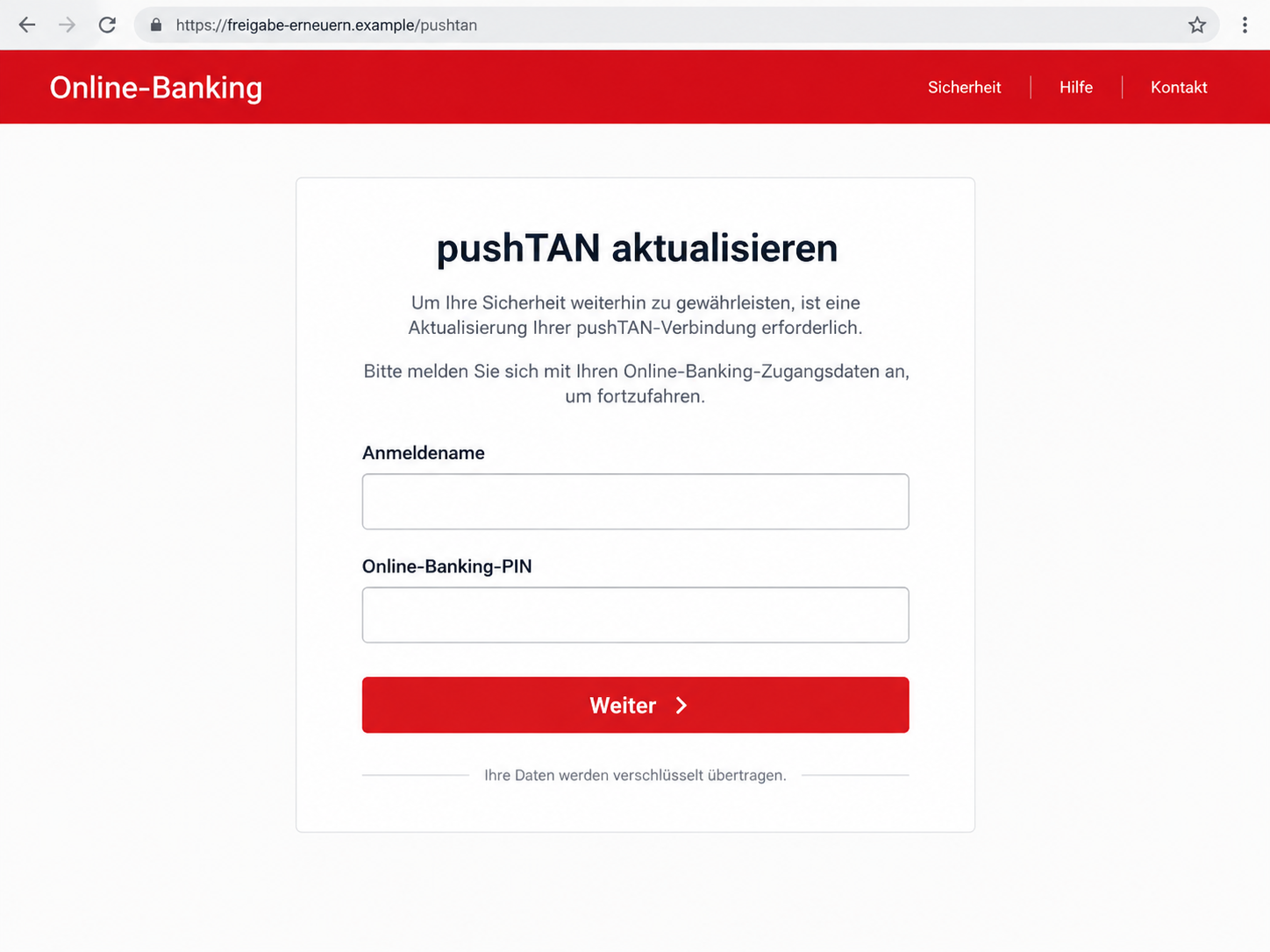 Illustrative reconstruction of a fake pushTAN update login on a fictional domain, not a captured campaign destination