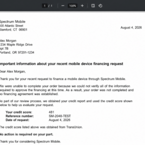 Example Spectrum Mobile financing notice explaining that an order was not completed after a credit review