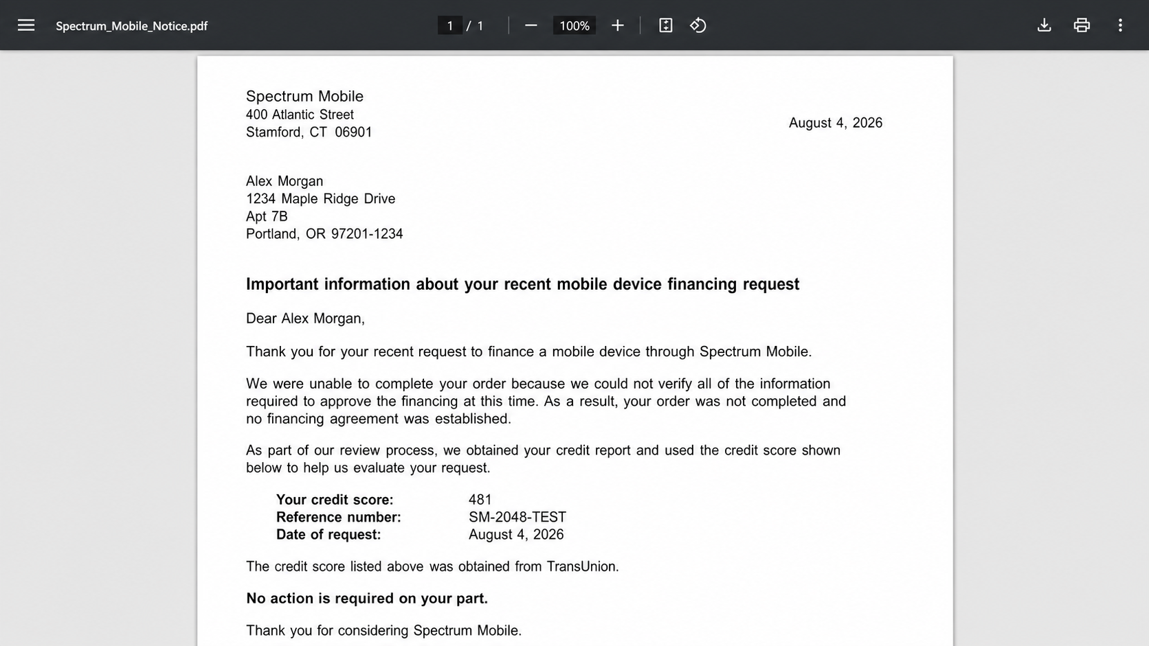 Example Spectrum Mobile financing notice explaining that an order was not completed after a credit review