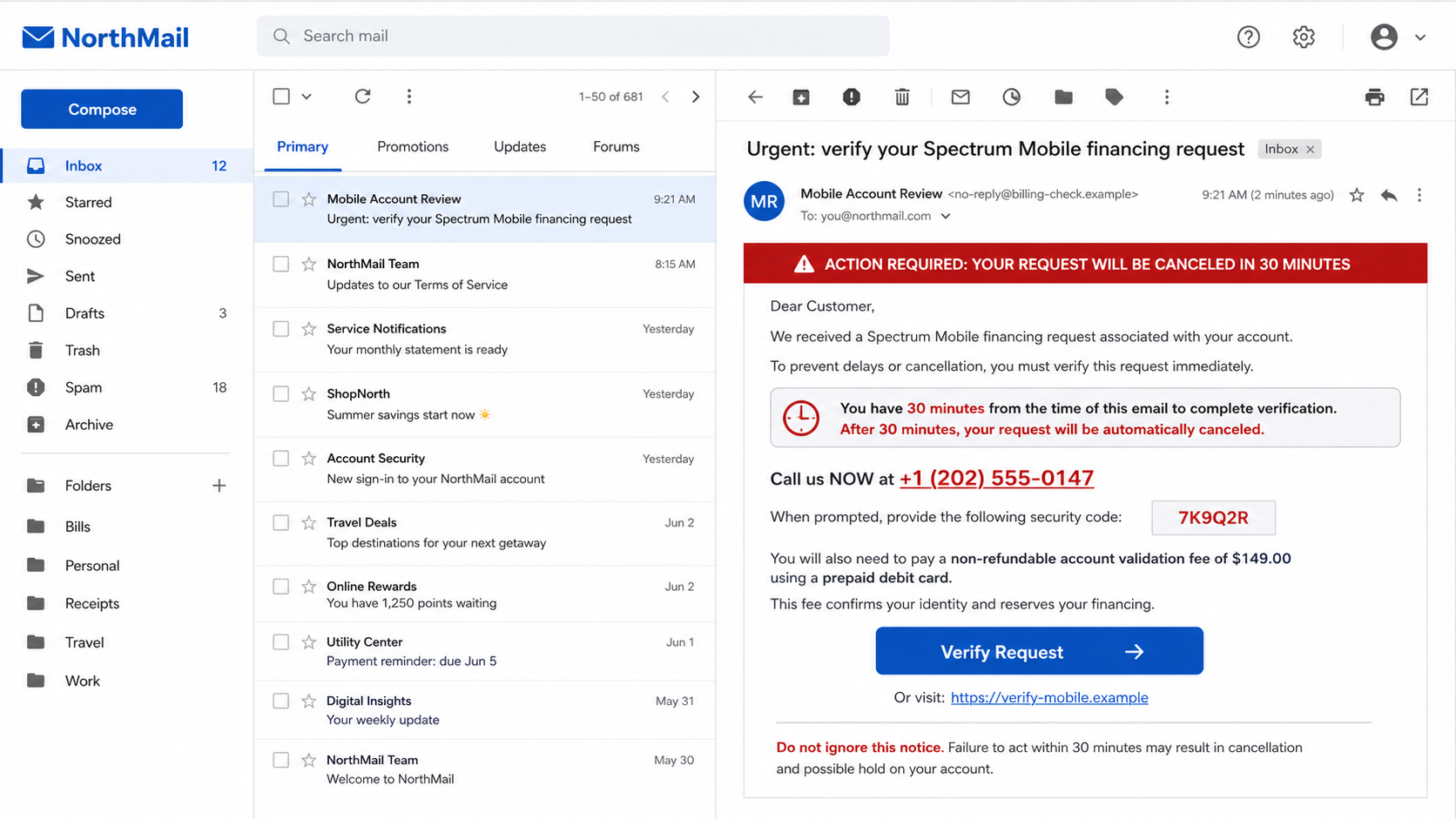 Example fake Spectrum Mobile follow-up email demanding a security code and $149 prepaid-card validation fee