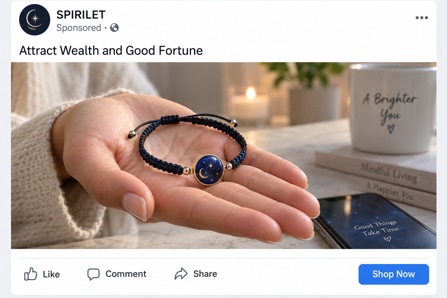 Facebook-style Spirilet advertisement showing a blue manifestation bracelet and wealth claim