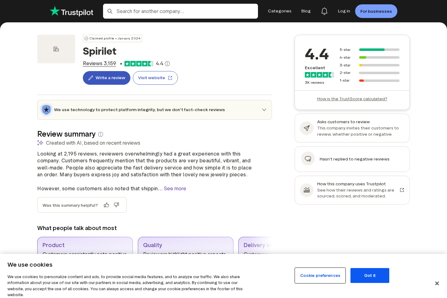 Trustpilot profile for Spirilet showing its review score and customer feedback volume