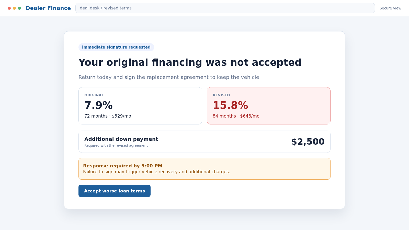 Spot Delivery Scam Exposed: How Yo-Yo Financing Traps Car Buyers in 2026 2 revised auto loan screen showing worse terms after spot delivery