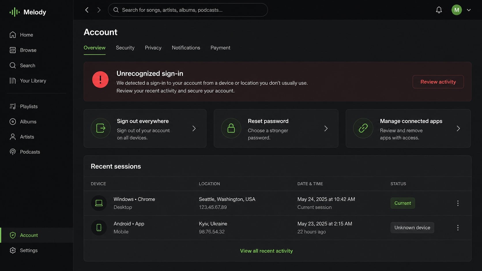 Music account security page used to end sessions and restore access