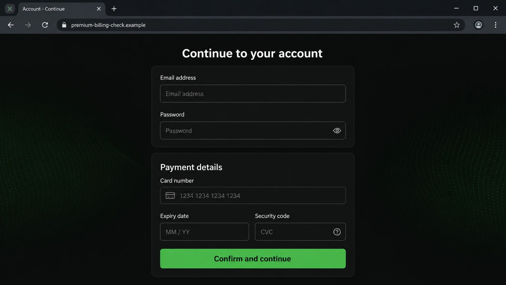 Counterfeit music subscription billing page requesting card information