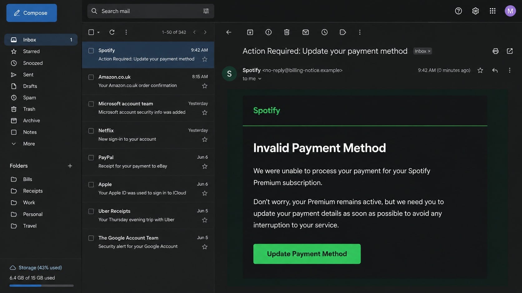 Reconstructed Spotify invalid payment method phishing email