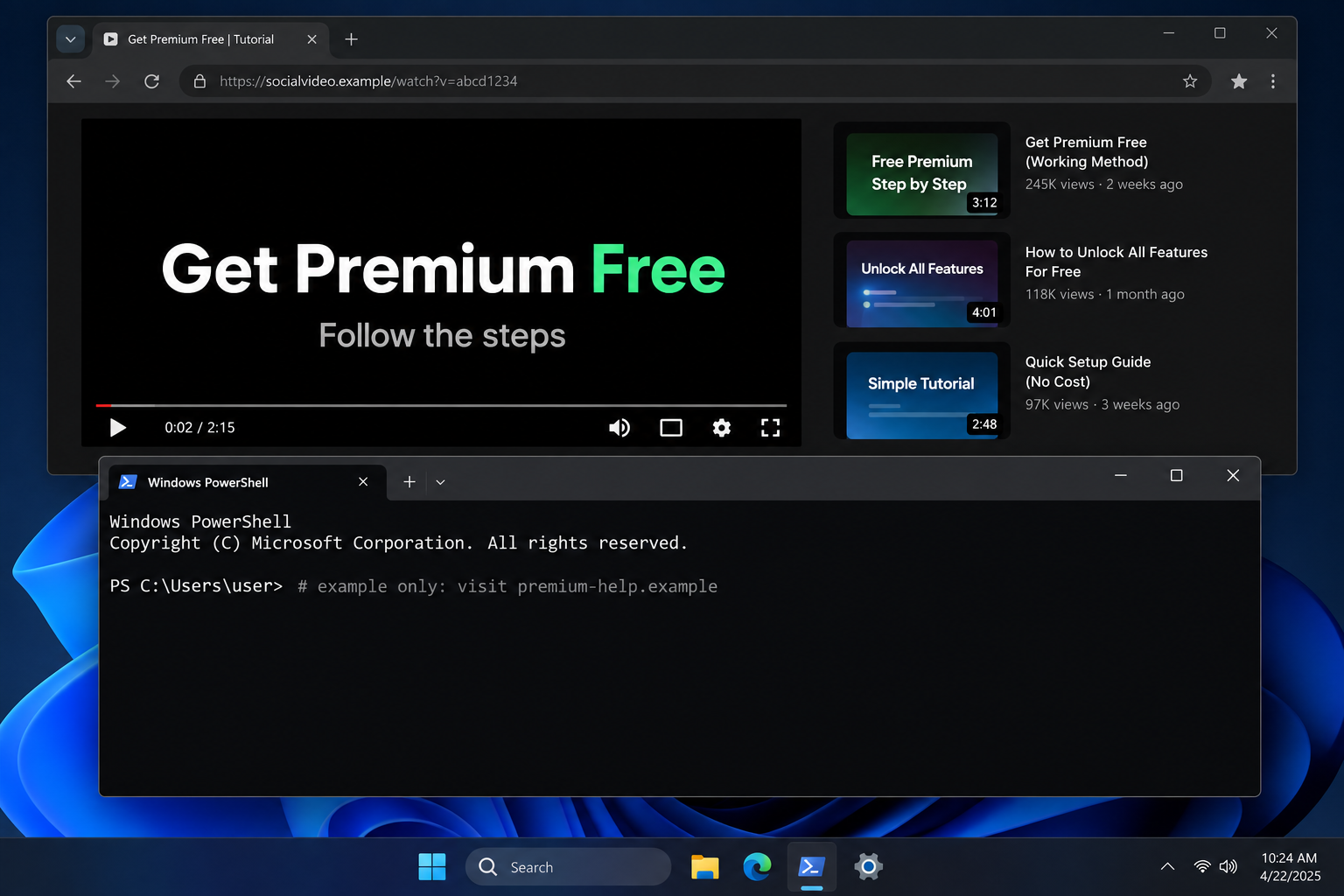 Free Spotify Premium Videos Install Vidar Malware 2 Illustrative reconstruction of a free Premium tutorial alongside a harmless example PowerShell window