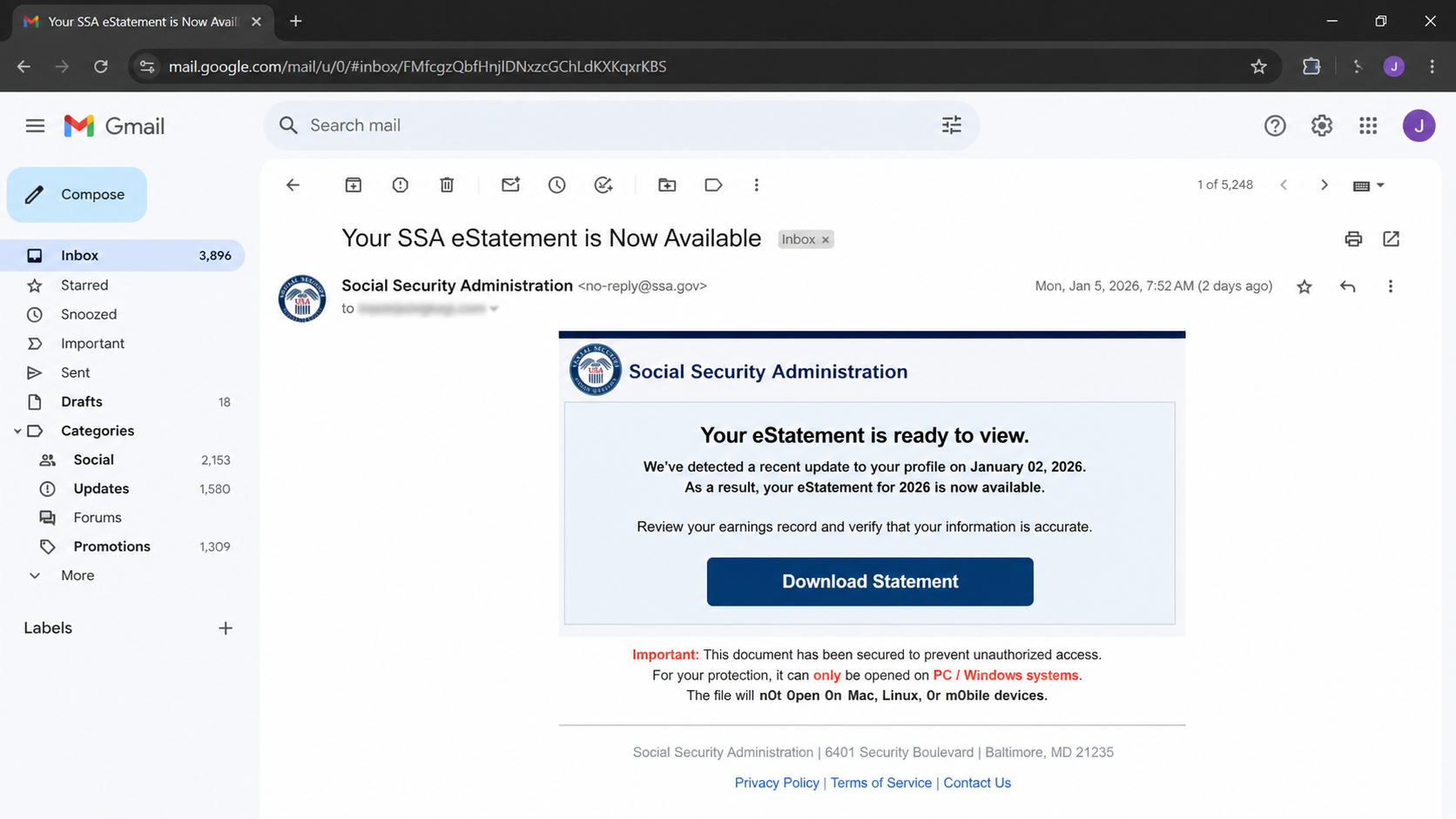 SSA eStatement email offering a suspicious statement download