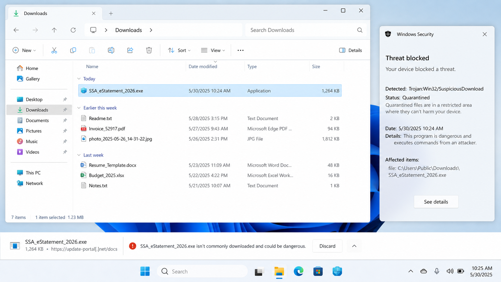 Windows Security blocking a suspicious executable disguised as an SSA eStatement