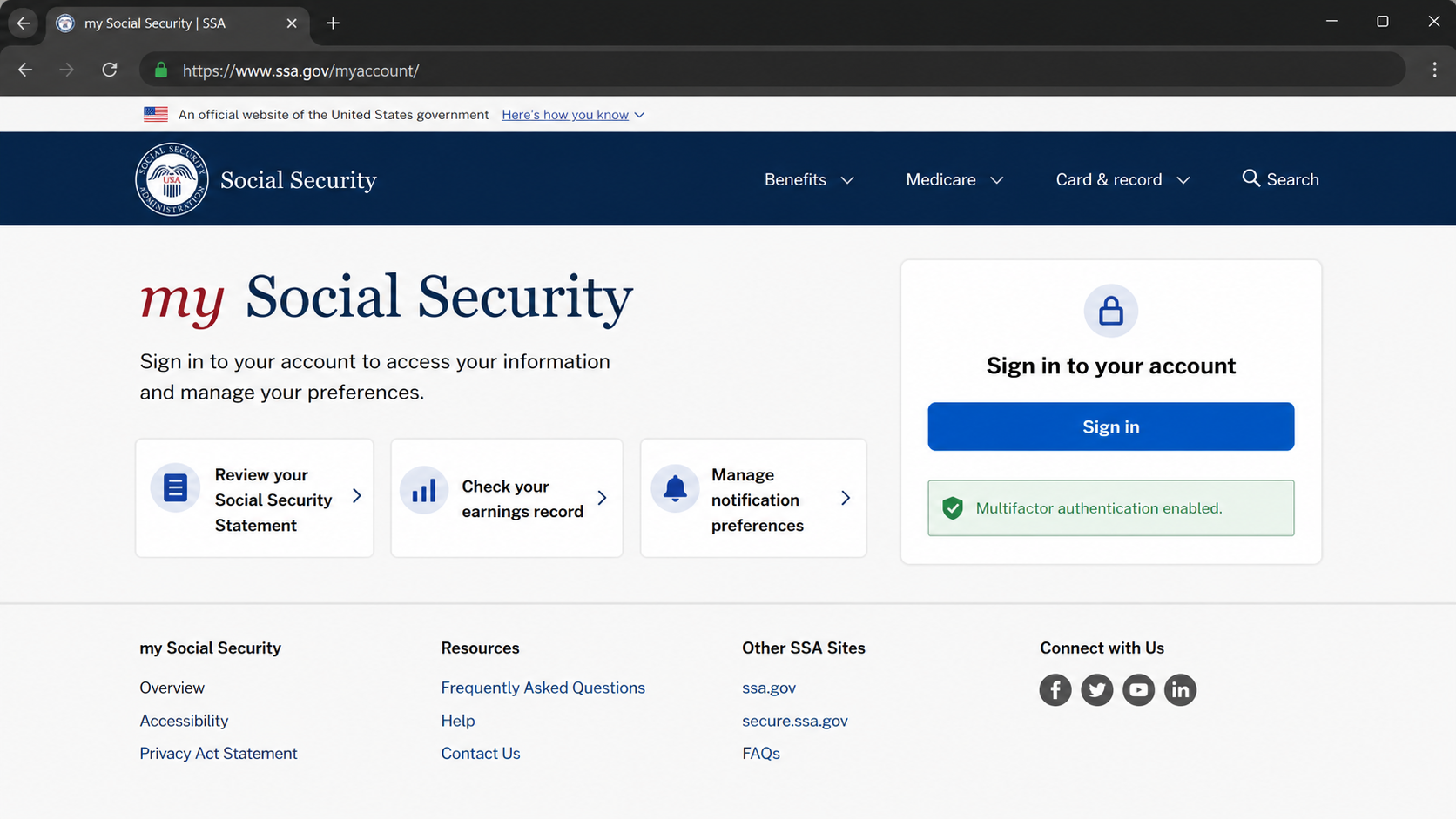 Official my Social Security account page reached through the secure ssa.gov domain
