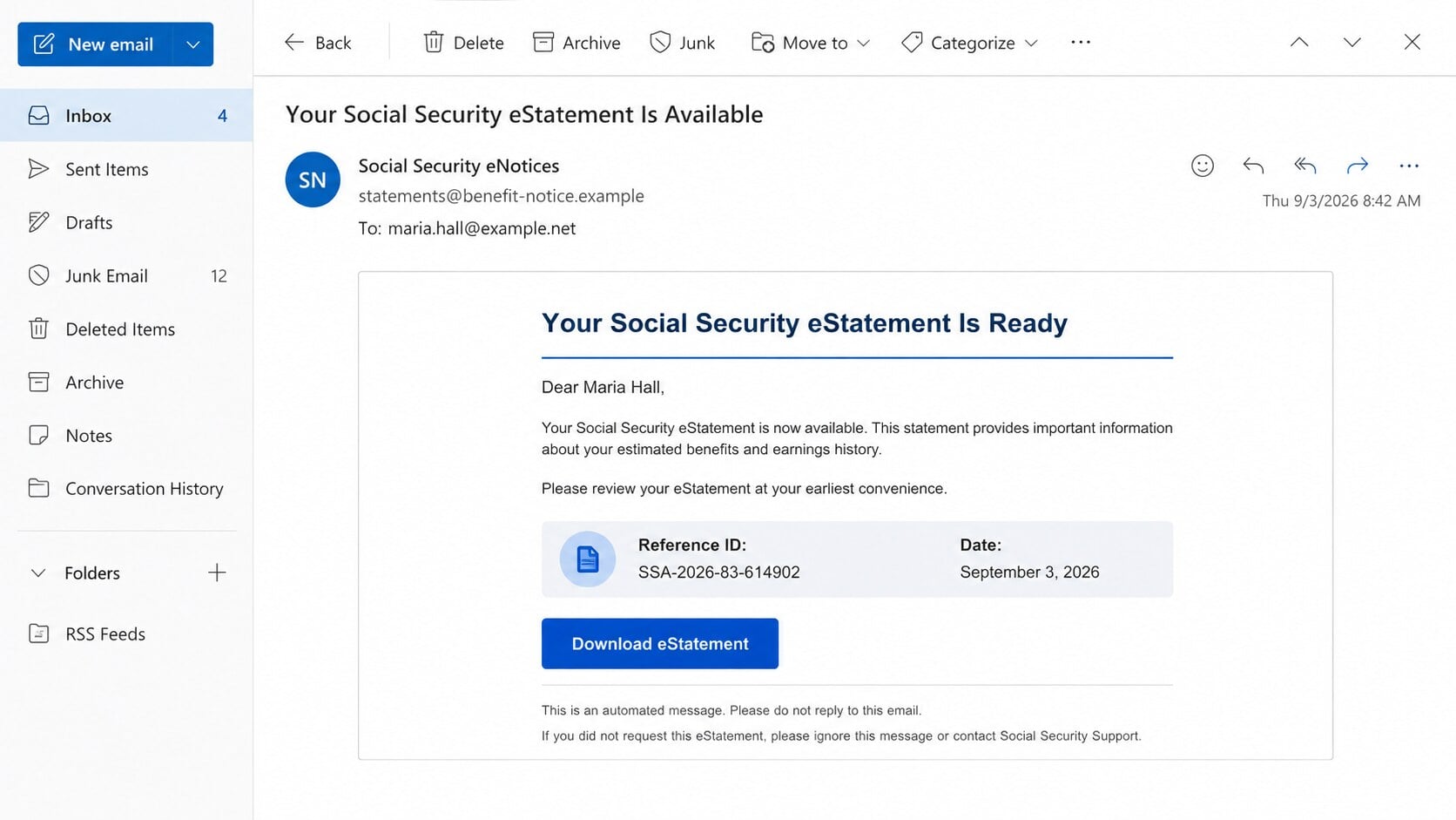 Fraudulent Social Security eStatement email with a download button and reference number