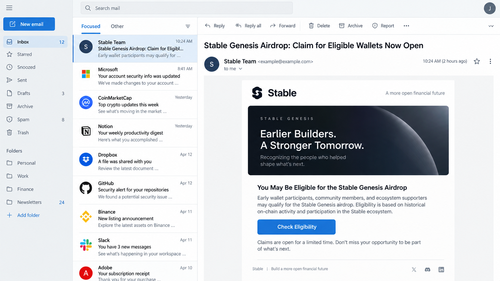 Illustrative Stable Genesis airdrop email promising an eligibility check from an unrelated sender