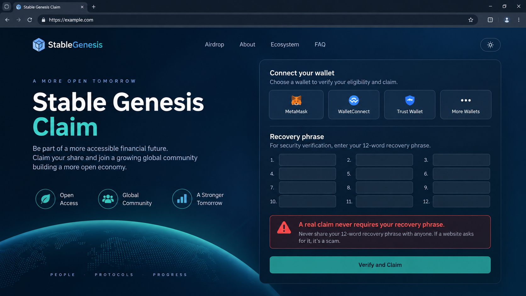 Illustrative fake Stable Genesis claim page asking for recovery words in empty fields