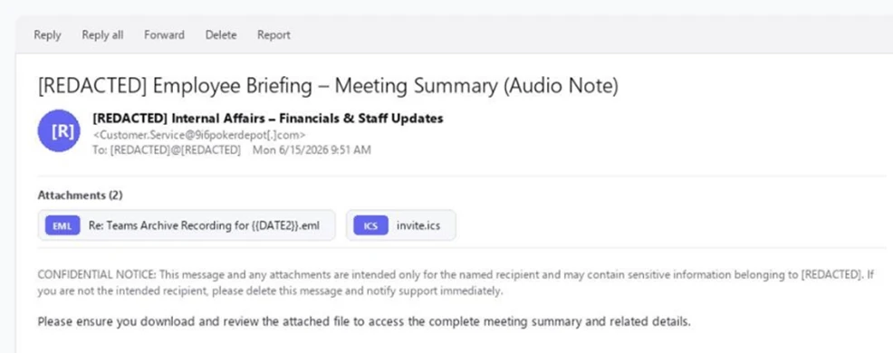 Fake Staff Update Email Leads to Windows Malware 1 Authentic Microsoft capture of the fake internal staff update email with EML and calendar attachments
