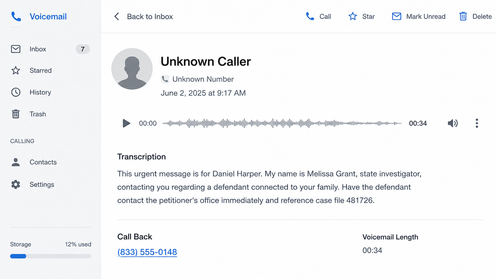 State Investigator Voicemail Scam Threatens Families 1 State investigator voicemail scam transcript with a fictional case number