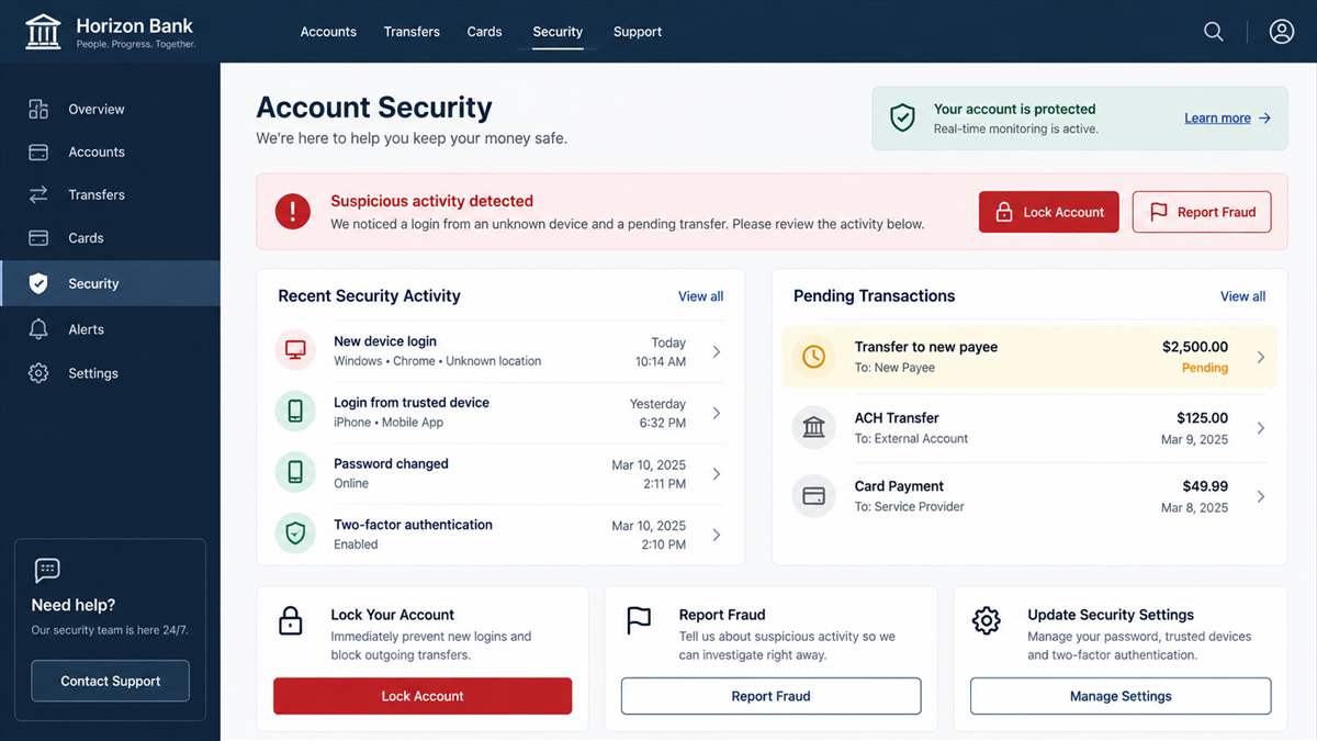 Fake St.George Payment Alerts Push Call-Back Scams 3 Reconstruction of a banking security dashboard showing an unknown login and pending transfer after a callback scam