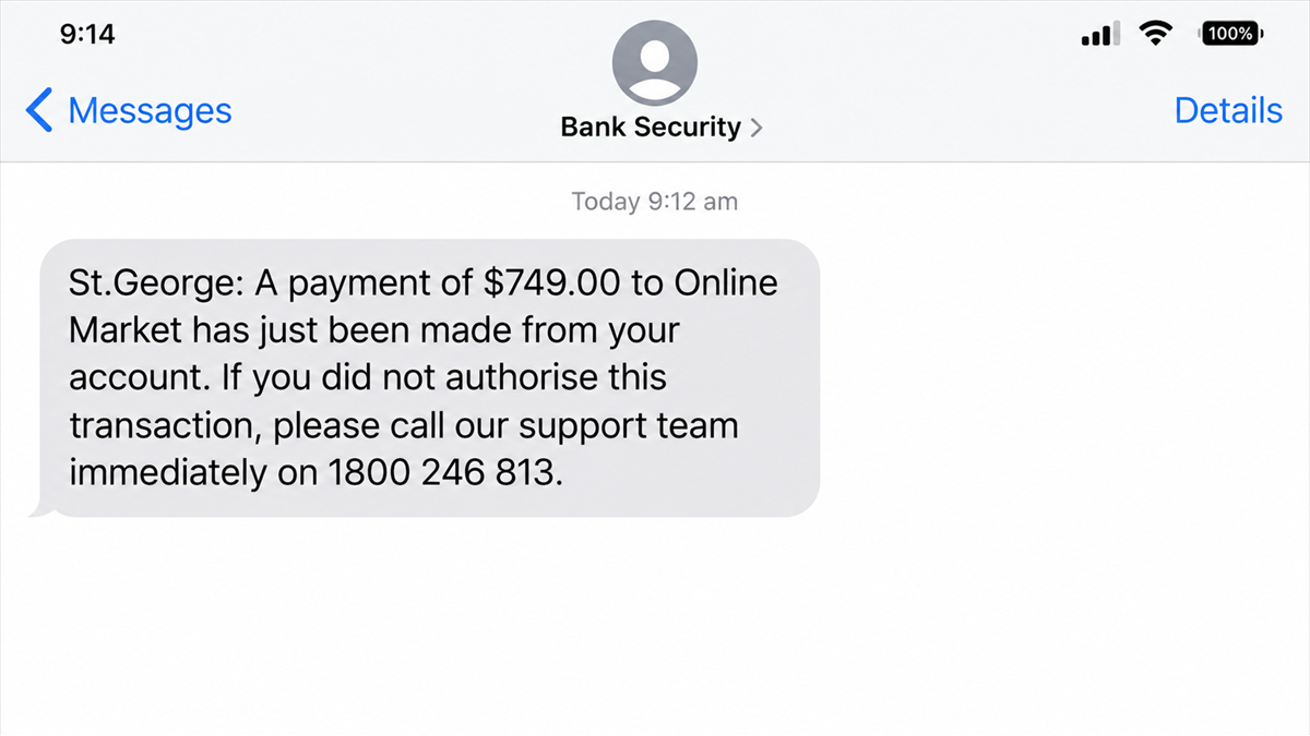 Fake St.George Payment Alerts Push Call-Back Scams 1 Reconstruction of a fake St.George payment alert directing the recipient to call a fraudulent number