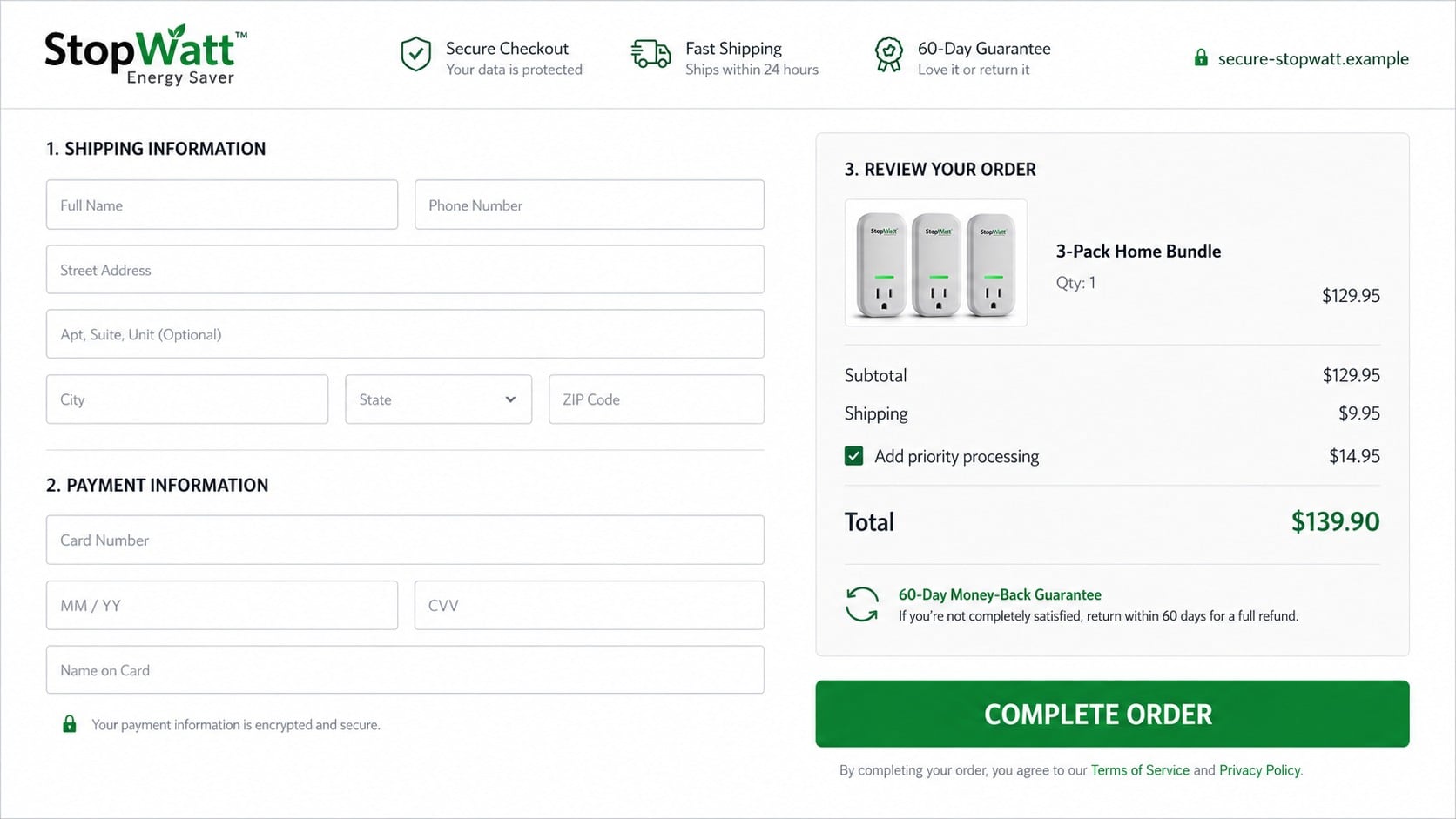 StopWatt Scam: Why the Plug-In Energy Saver Cannot Slash Your Power Bill 2 Reconstructed StopWatt checkout showing a three-pack, shipping, and preselected processing fee