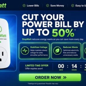 Reconstructed StopWatt sales page claiming a plug-in device can cut power bills by up to 50%
