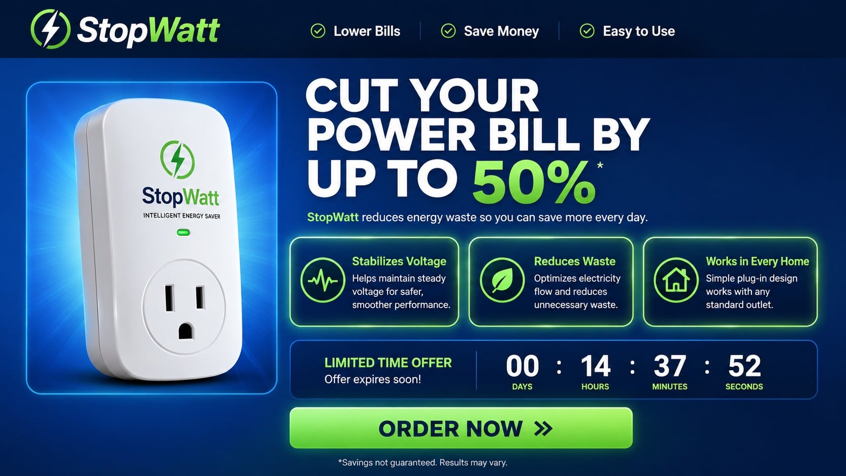 StopWatt Scam: Why the Plug-In Energy Saver Cannot Slash Your Power Bill 1 Reconstructed StopWatt sales page claiming a plug-in device can cut power bills by up to 50%