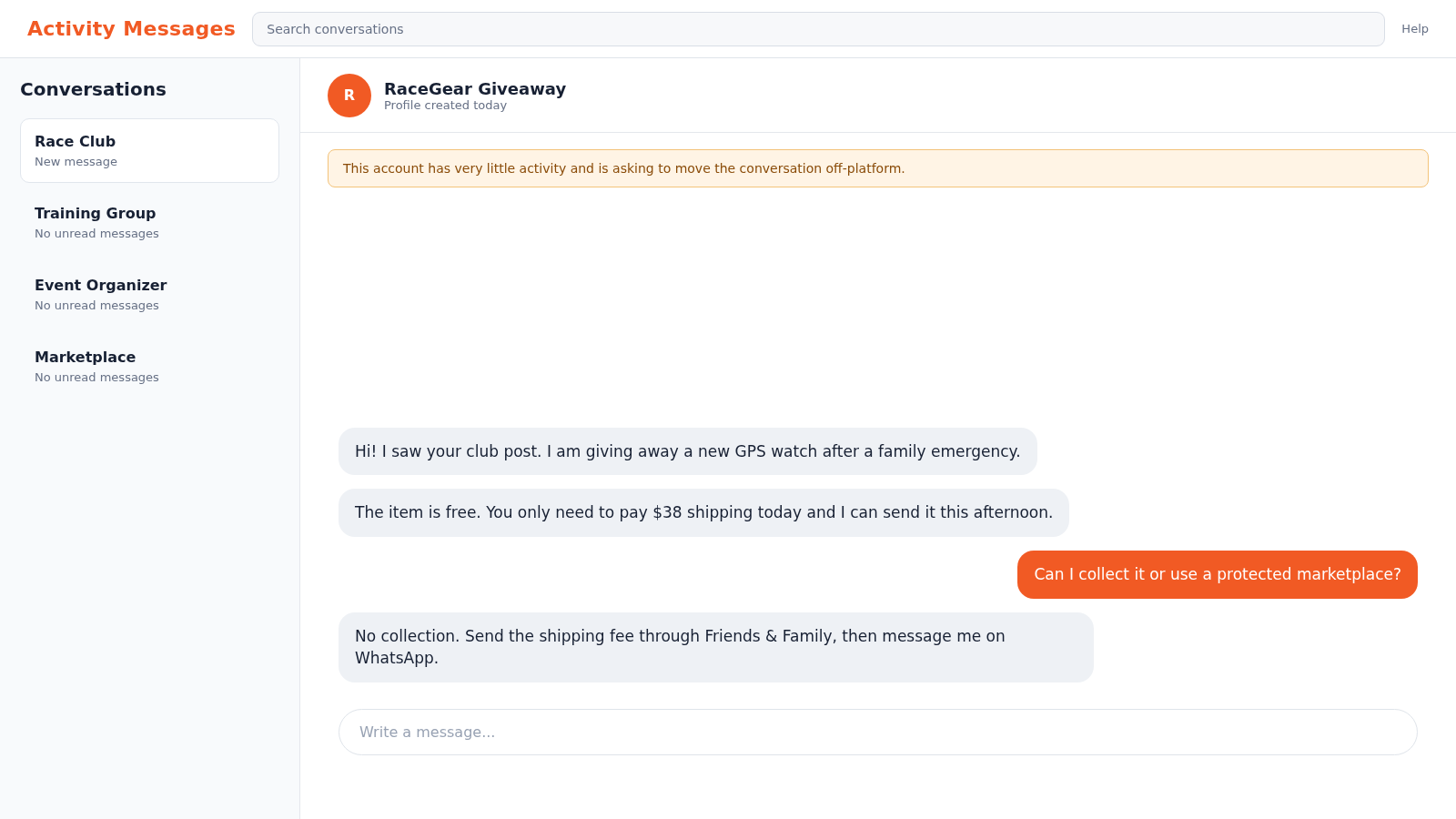 Reconstructed activity-app direct messages asking for an unsafe shipping payment on a free GPS watch