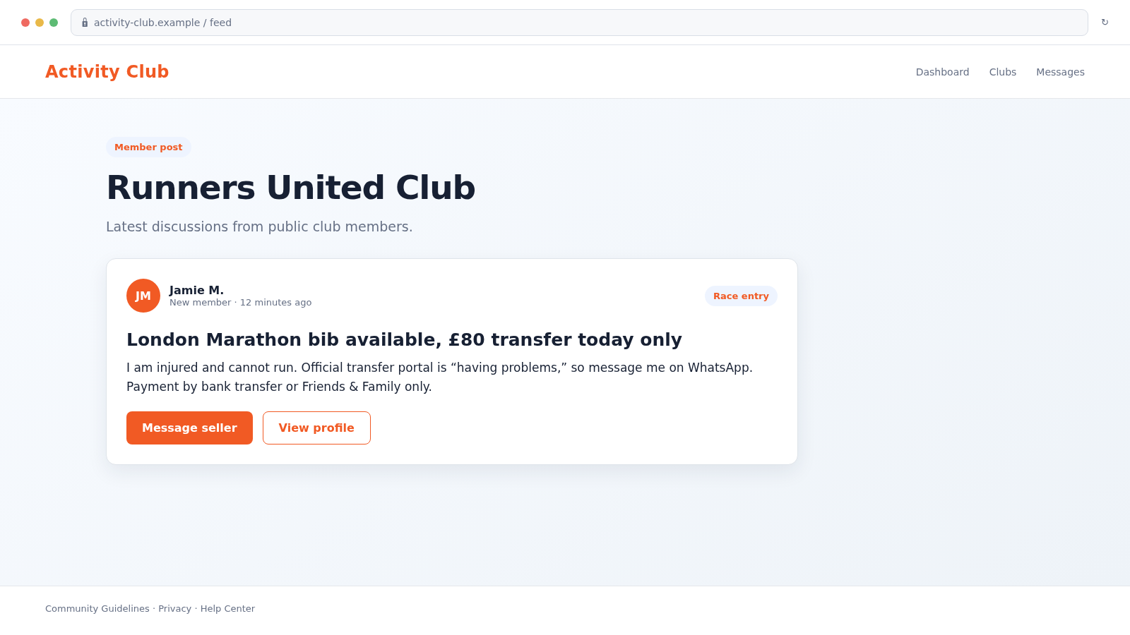 Reconstructed activity-club post offering a sold-out marathon bib through an unsafe off-platform payment