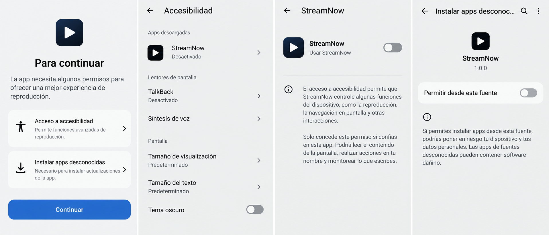 Illustrative Android permission screens requesting unknown-source installation and Accessibility access