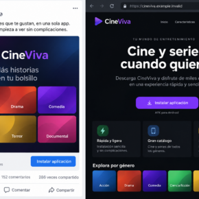 Fictional social media streaming advertisement leading to an Android APK download page
