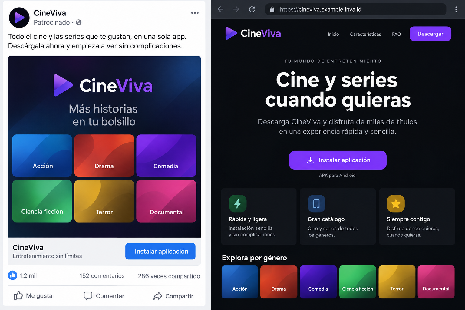 Fictional social media streaming advertisement leading to an Android APK download page