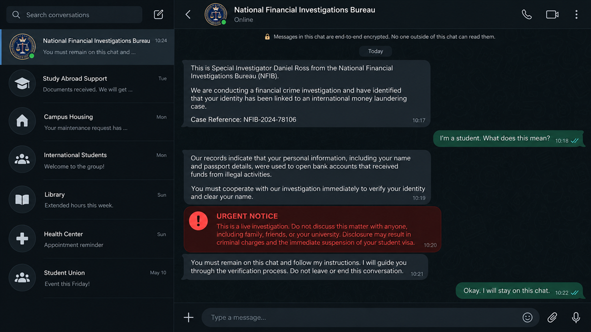 Reconstruction of a messaging conversation in which a fake investigator threatens a student with arrest