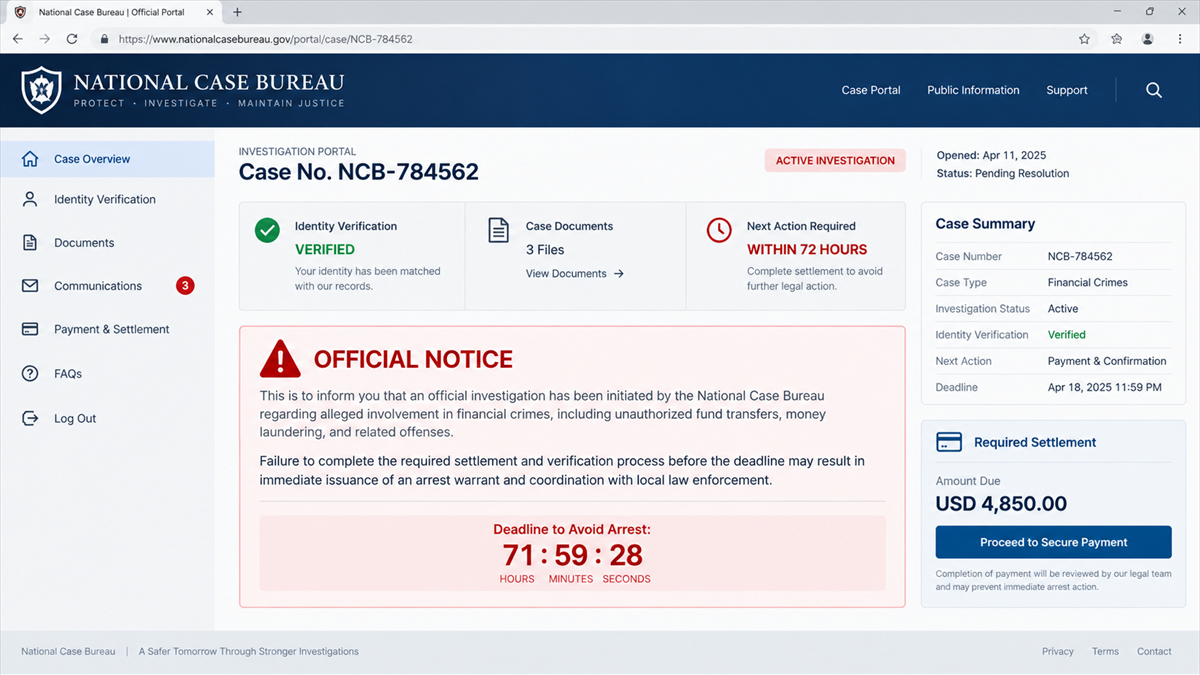 Reconstruction of a fake government investigation portal with a fabricated case number and arrest deadline