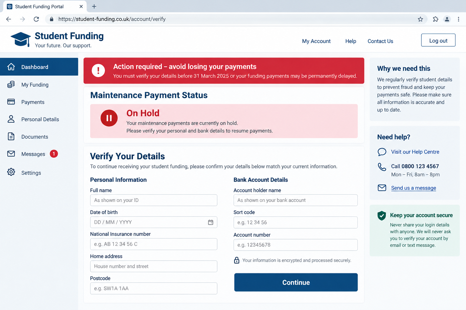 Student Finance Payment Scam Steals Banking Details 2 Fictional student funding portal requesting identity and bank details to release a maintenance payment