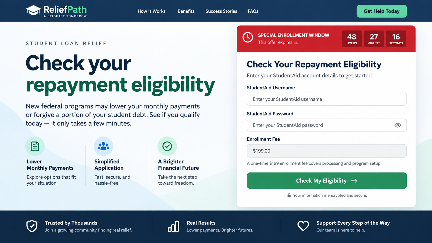 Student Loan Relief Scam Exposed: Fake Forgiveness and Upfront Fee Traps 2 Illustrative reconstruction of a student loan relief landing page requesting a login and an upfront fee