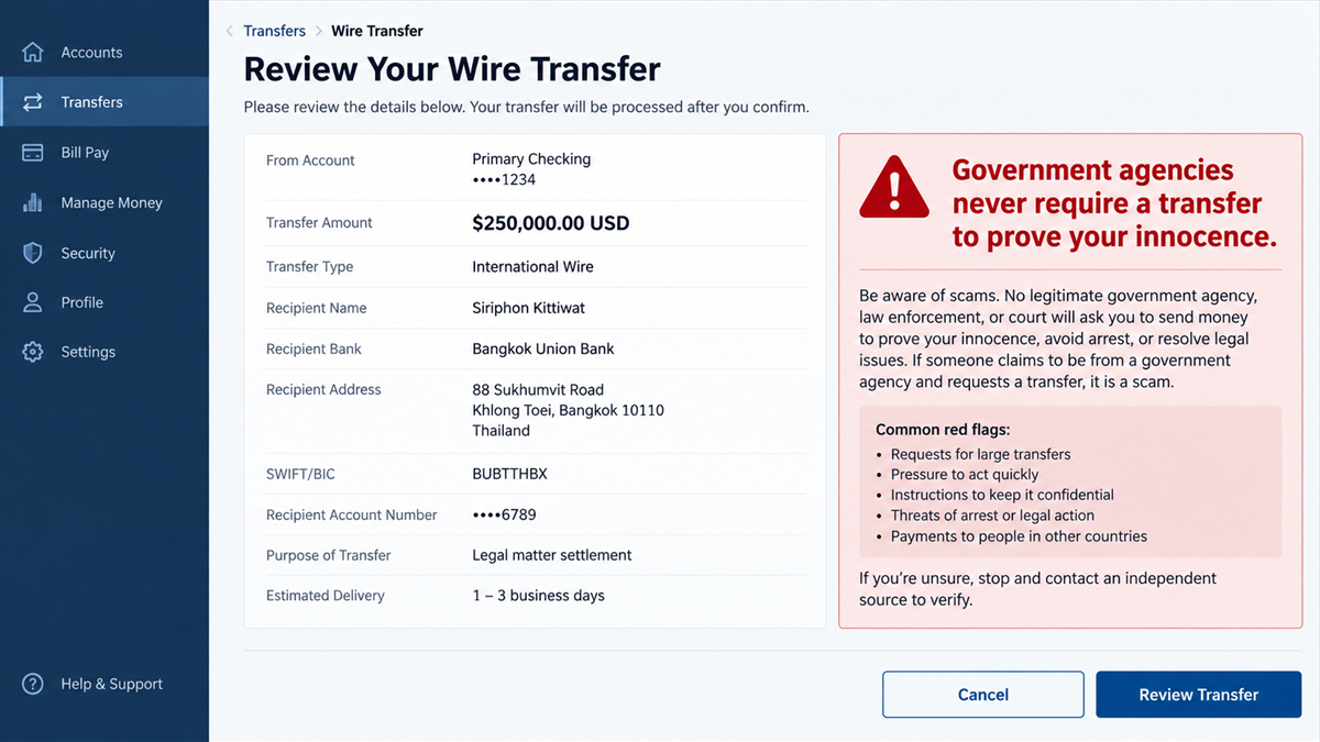 Reconstruction of an international wire transfer screen warning that government agencies never require transfers