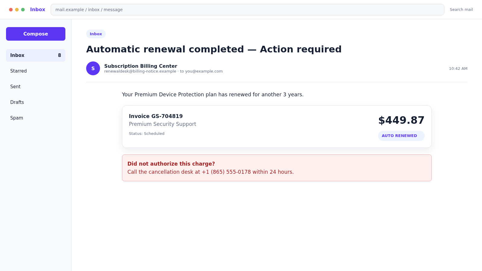 Subscription Renewal Scam: Fake Support Invoice Leads to Remote Access 1 Reconstructed fake subscription renewal invoice email showing an urgent support number and an unauthorized security plan charge