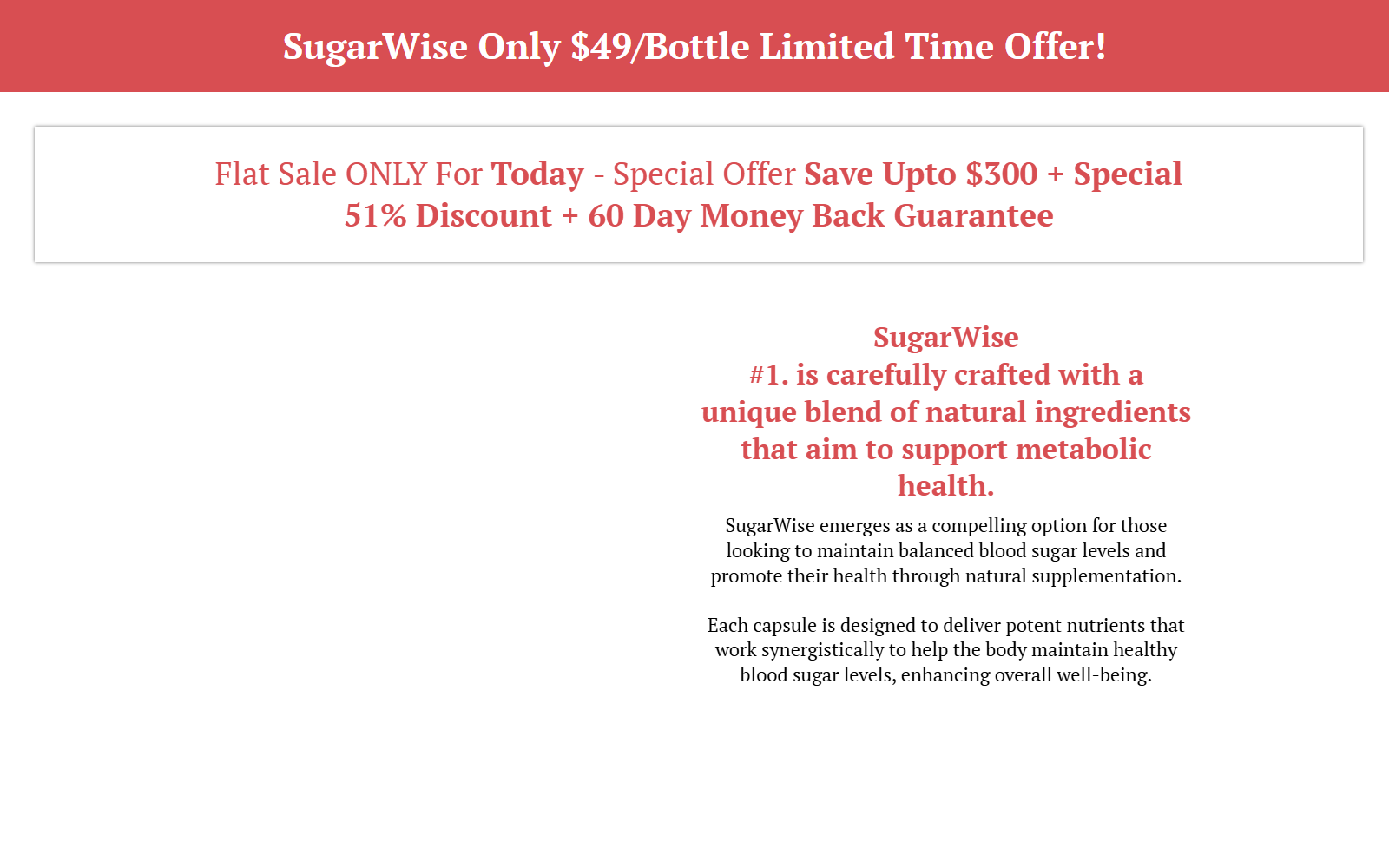 SugarWise Diabetes Trick Scam: What Ads Hide 1 SugarWise supplement website showing its limited-time discount and blood sugar support claims