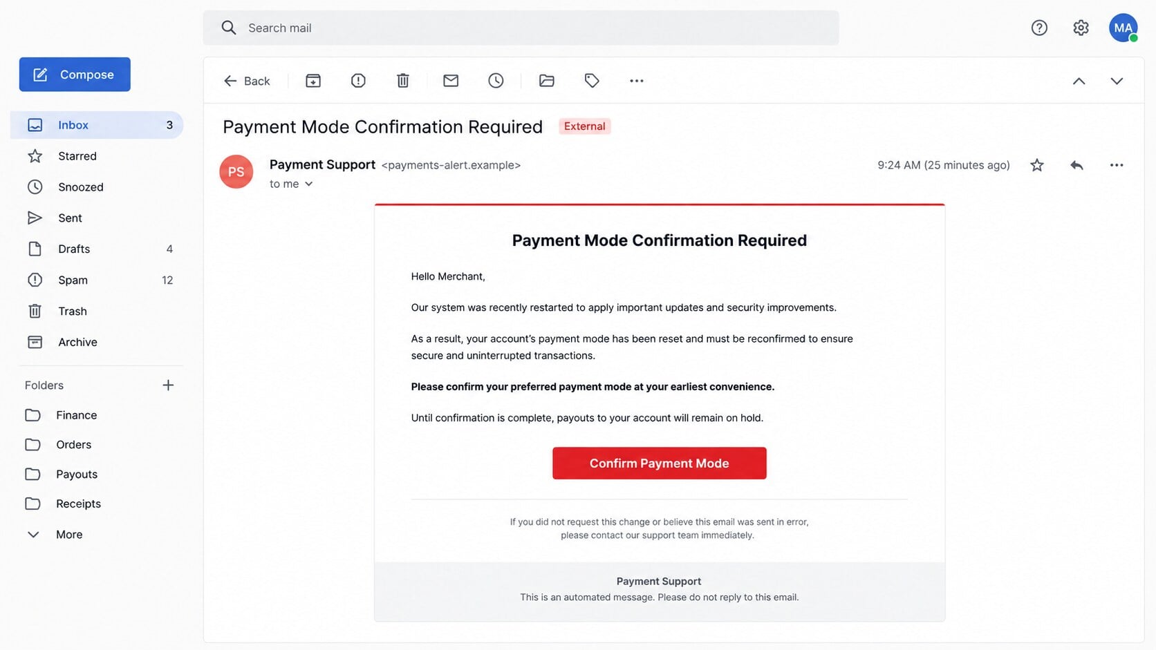SumUp Payment Mode Confirmation phishing email claiming payouts are paused after a system restart