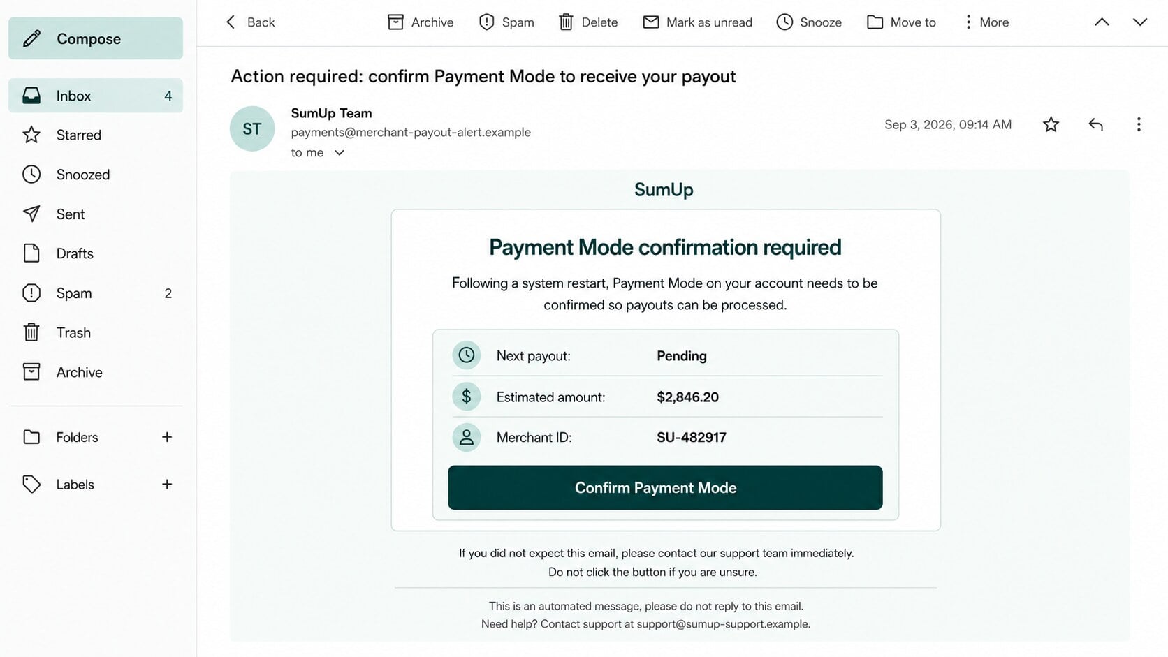 Fake SumUp email asking a merchant to confirm Payment Mode before payouts resume