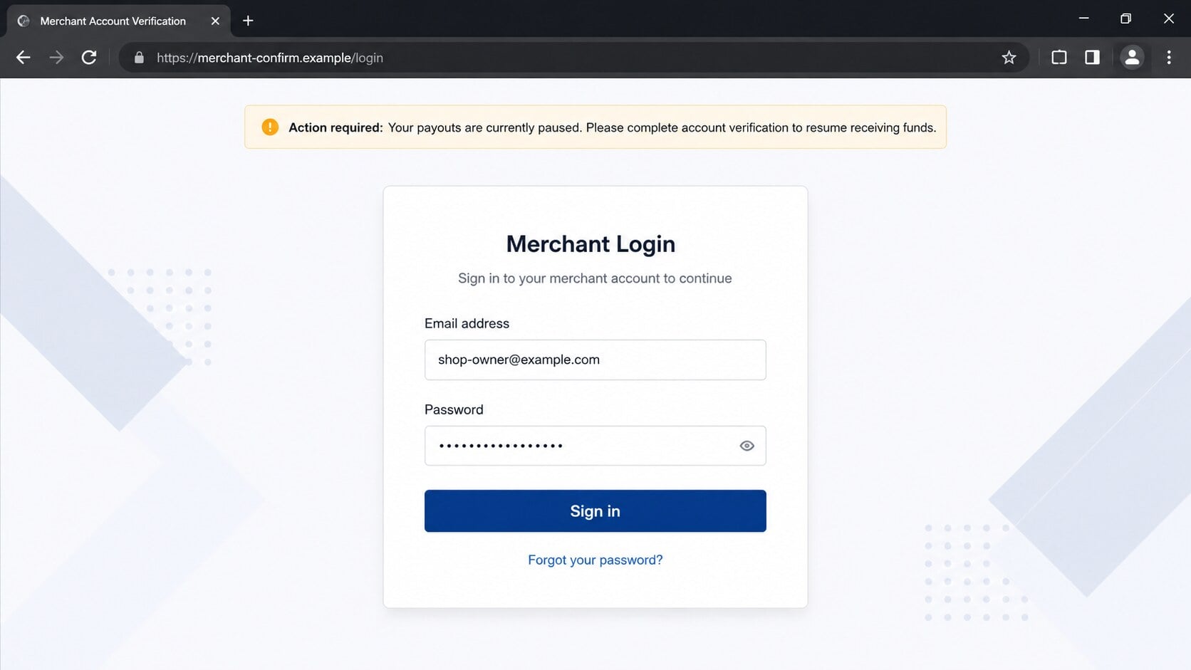 Counterfeit merchant login page opened by the SumUp Payment Mode Confirmation email