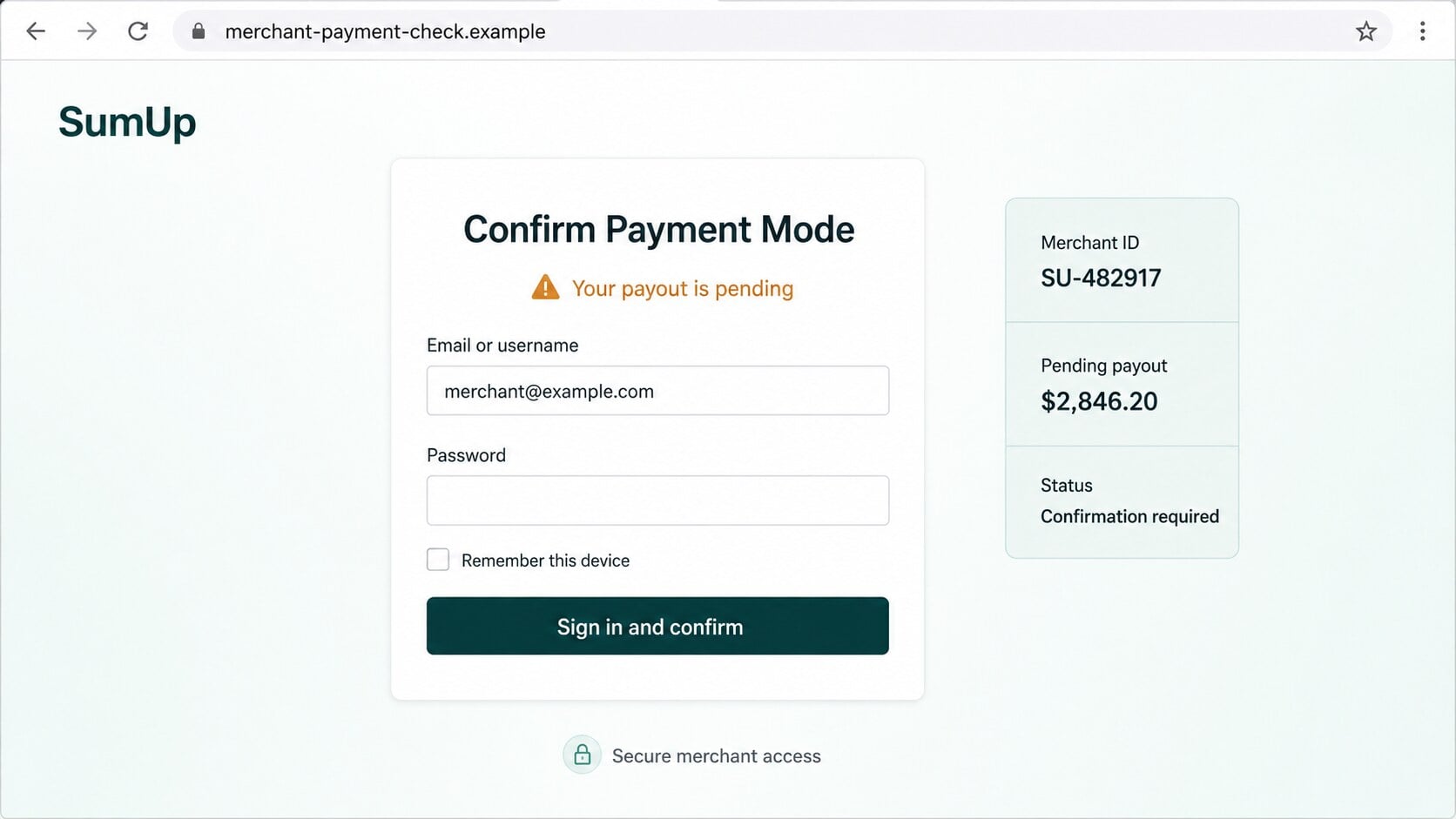 Fraudulent merchant payment login page requesting username and password