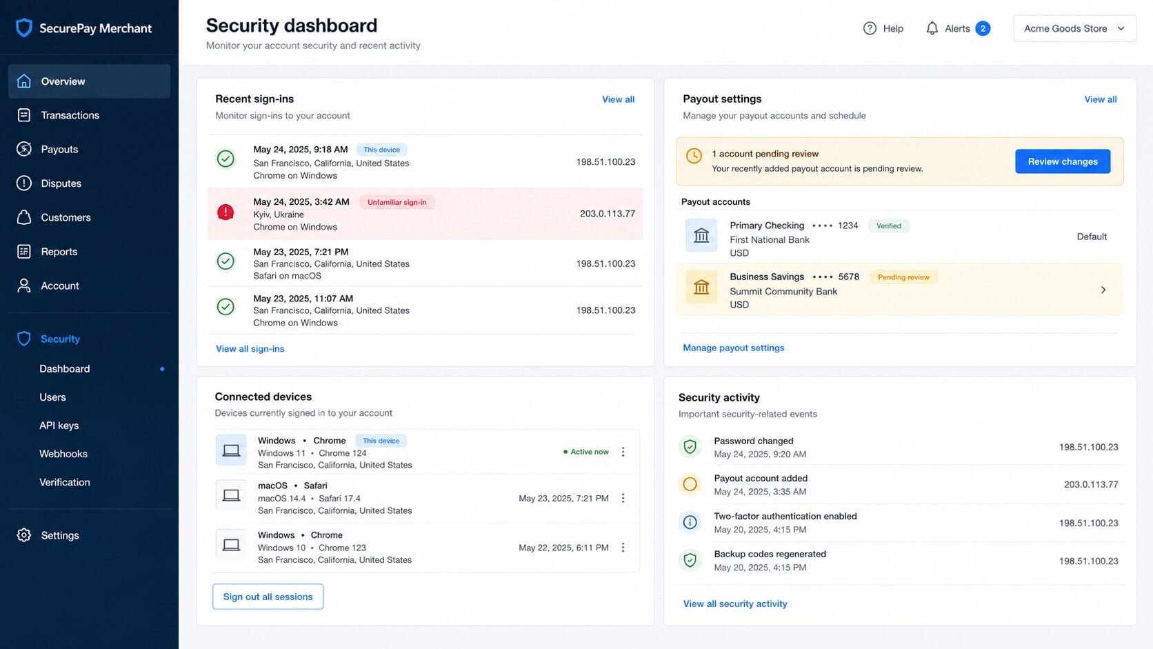 Merchant security dashboard showing unfamiliar access and a newly added payout account after phishing
