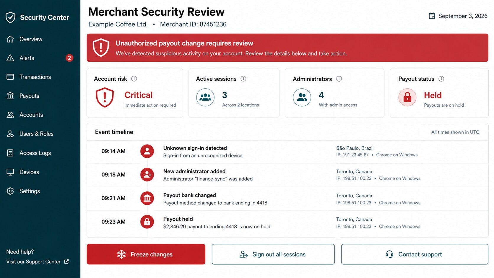 Merchant payout security page showing a changed bank account and unfamiliar administrator