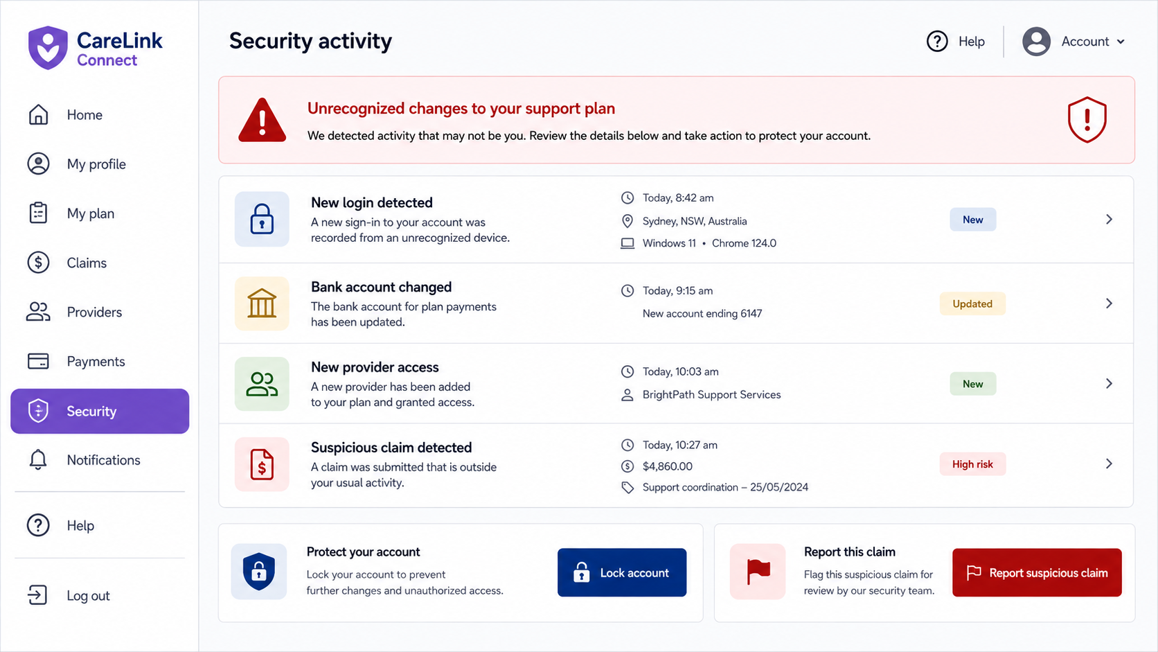 NDIS Scam Calls Exposed: Fake Debt Threats and Data Theft Investigation 3 Fictional support plan security page showing an unfamiliar login bank change and suspicious claim