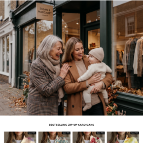Susan and Margaret London homepage presenting a family boutique image and sale prices up to 70% off
