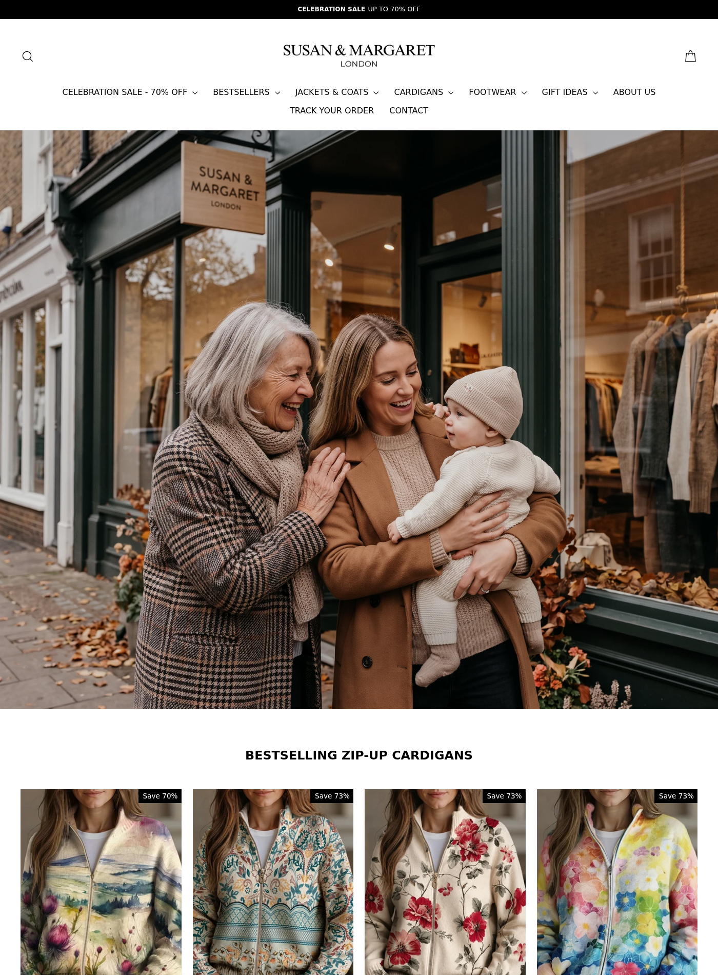 Susan & Margaret London Exposed: Boutique Story, Dropshipping and Returns 1 Susan and Margaret London homepage presenting a family boutique image and sale prices up to 70% off