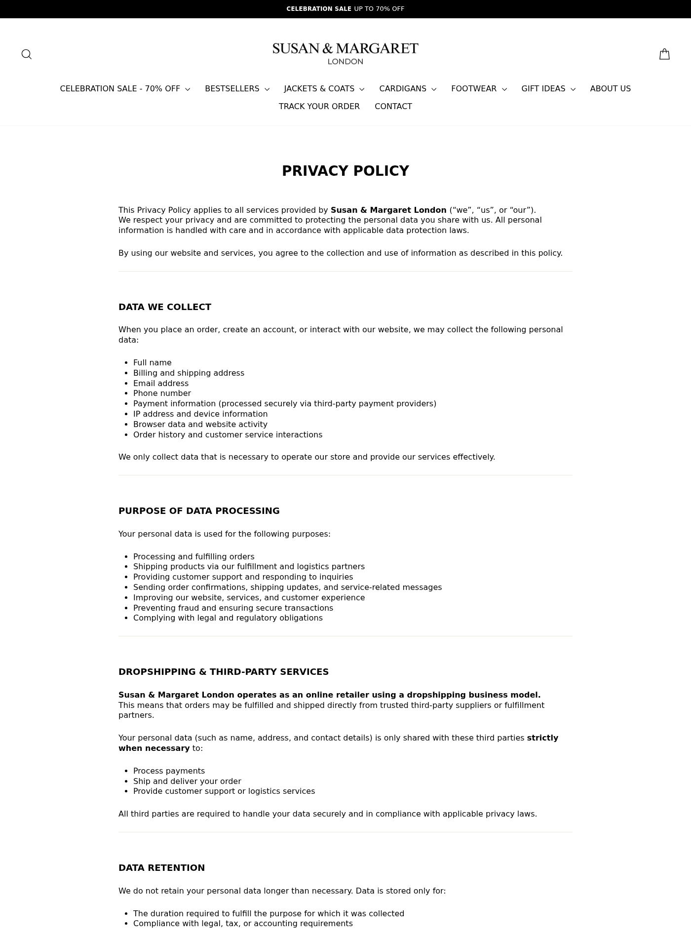 Susan & Margaret London Exposed: Boutique Story, Dropshipping and Returns 2 Susan and Margaret London privacy policy explicitly disclosing a dropshipping business model and third-party fulfillment