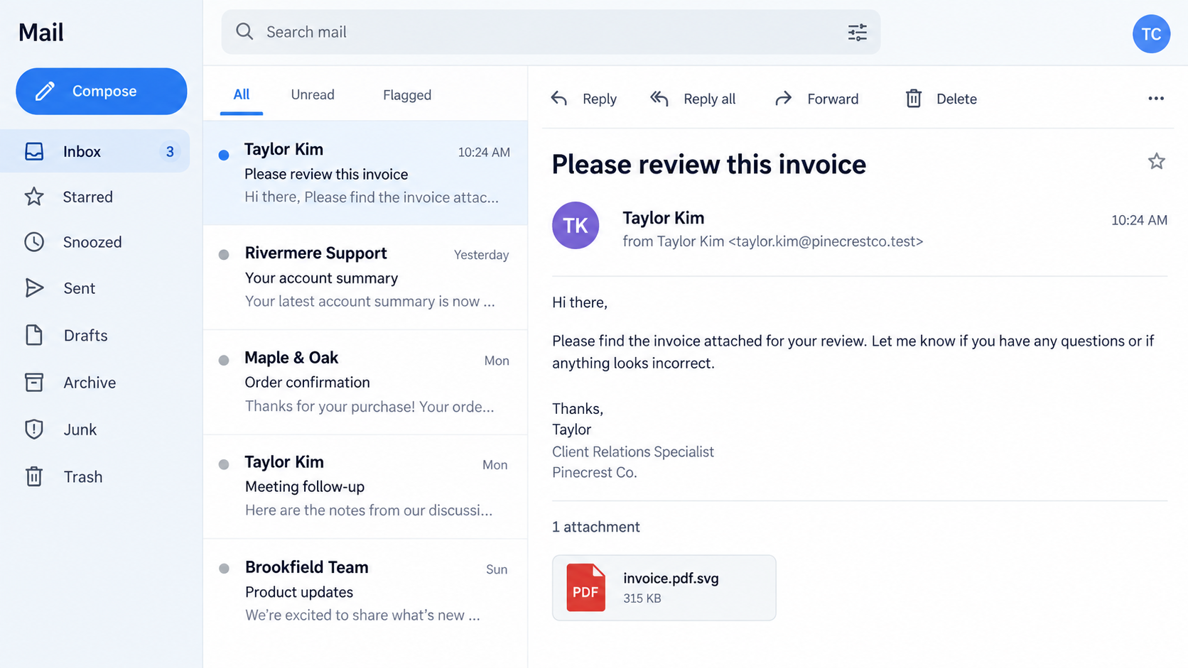 Editorial reconstruction of an invoice email with a disguised SVG attachment