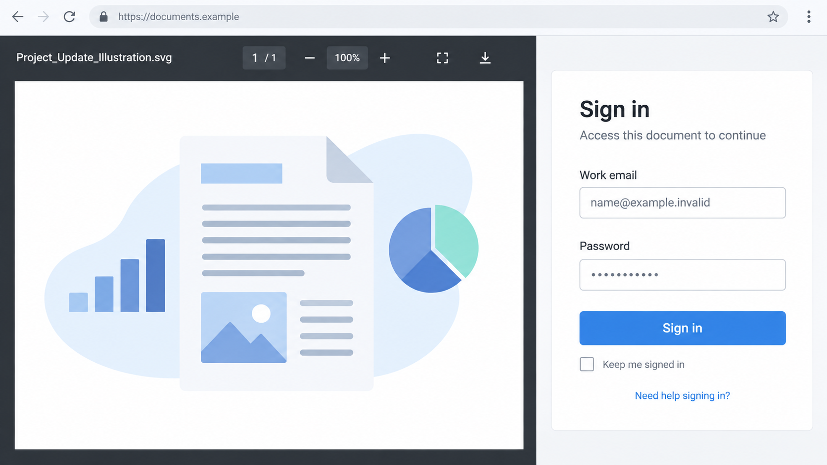 Editorial reconstruction of an SVG document preview beside a fake work sign-in form