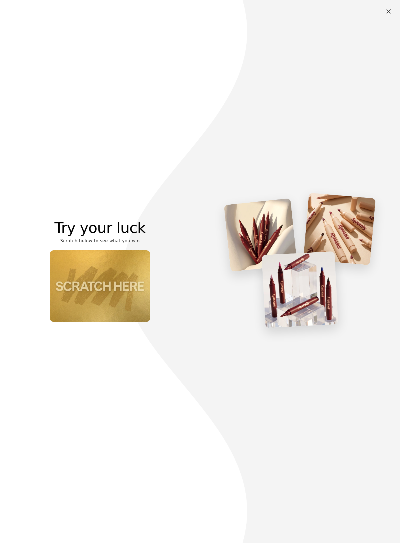 Sweenly product page covered by an interactive scratch-card promotion before shoppers can inspect the offer