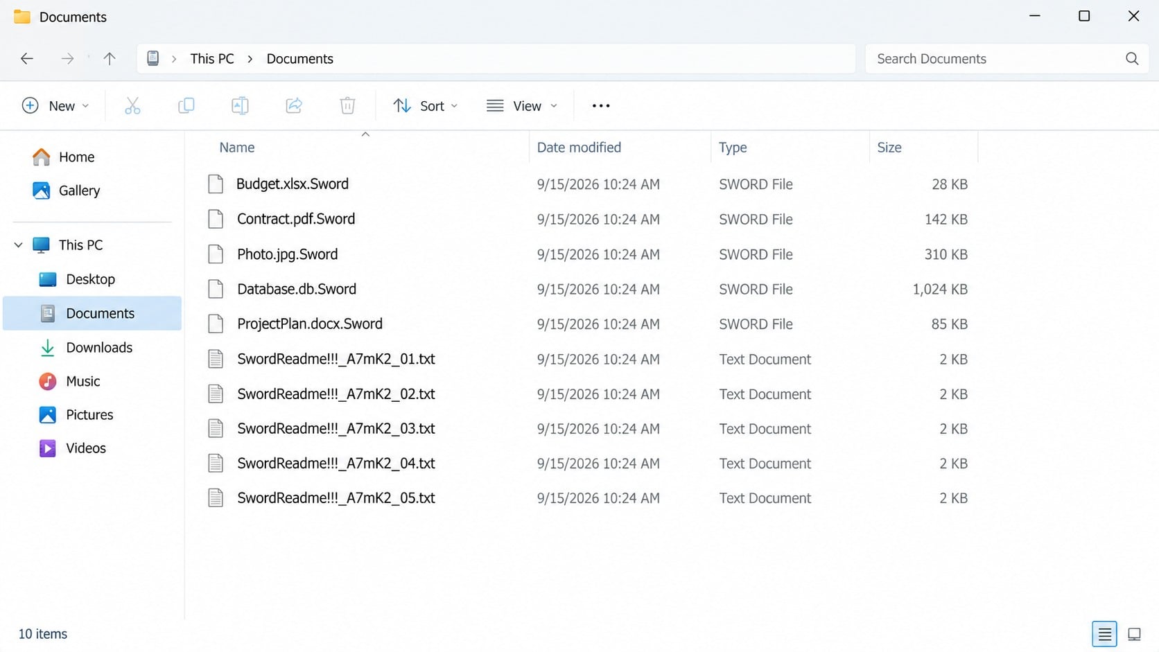 Files renamed with the .Sword extension after a ransomware attack